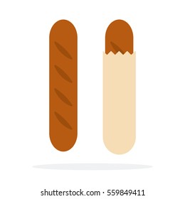 Brown baguette in paper packing and without vector flat material design object. Isolated illustration on white background.