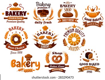 Brown bakery emblems, symbols and labels isolated on a white background, emphasizing daily fresh, best choice and premium quality