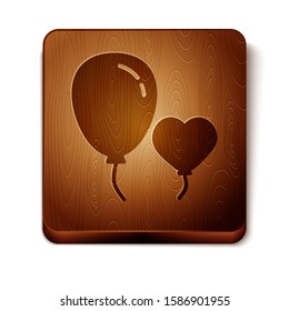 Brown Balloons in form of heart with ribbon icon isolated on white background. Wooden square button. Vector Illustration