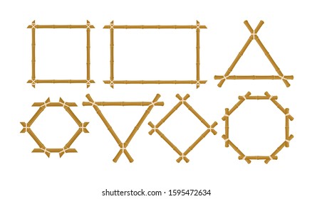 Brown bamboo frames flat vector illustrations set. Handmade tropical bamboo branch and stem borders with ropes isolated on white background. Wooden material home decoration elements collection.