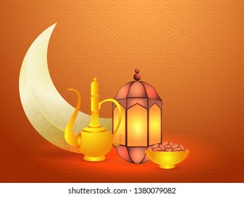 Brown banner or poster design with crescent moon, illuminated lantern, dates bowl, and arabic jug illustration for Iftar party celebration. 