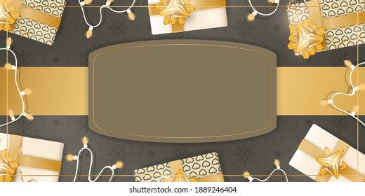 Banner marrón con espacio para texto. Antecedentes con regalos, guirnaldas y bombillas. Ilustración vectorial.