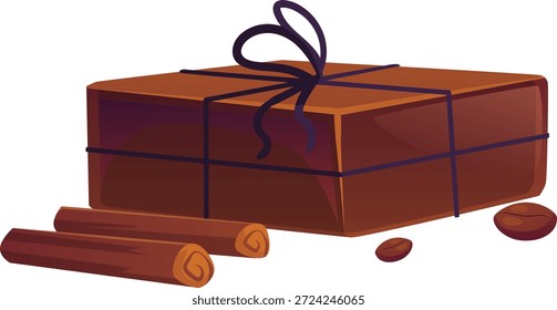 A brown bar of soap tied with a bow, with cinnamon sticks and coffee beans. Soap making. Natural product in gift packaging. Spa, body care, hygiene. Vector flat illustration. Cartoon style.