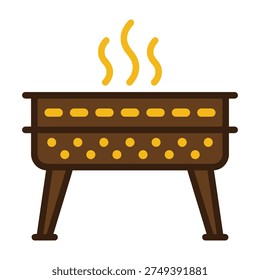 Brown barbecue grill with yellow flames and heat indicators on a white background symbolizing outdoor cooking and warmth