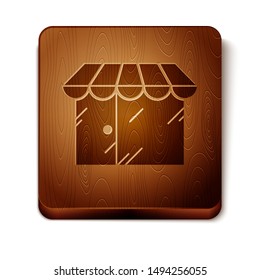 Brown Barbershop building icon isolated on white background. Wooden square button. Vector Illustration