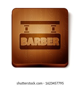 Brown Barbershop icon isolated on white background. Hairdresser logo or signboard. Wooden square button. Vector Illustration