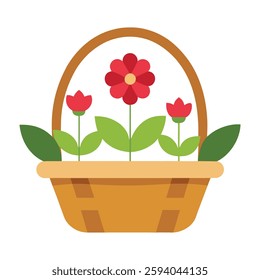 brown basket with a handle, holding three red flowers with green leaves. The central flower is larger and has a yellow center, while the two smaller flowers on either side lack centers