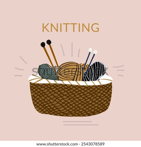 Brown basket with knitting tools. Here are woolen balls and spokes. Cute hand drawn vector artwork on the pastel pink background. Picture about needlework, hobby, pastime and handmade. 