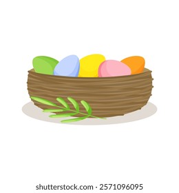 Brown basket with painted Easter eggs and green leaf. Element of religious tradition.