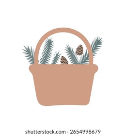 Cesta Marrom com Pinheiro Branches e Cones. Ilustração plana