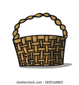 Brown basket of vines. Wicker basket with shadow. Freehand sketch with dark outline.