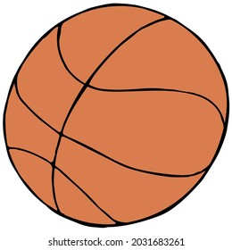 brown basketball ball - sports equipment, color vector illustration in doodle style with black outline