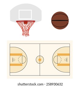 Brown basketball ball,white hoop and court, basketball field, basketball floor, sport equipment
