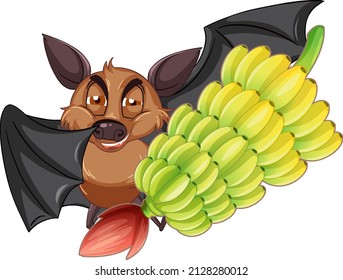 Brown bat with a cluster of bananas on white background  illustration