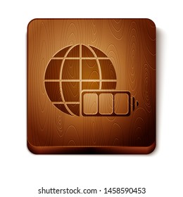 Brown Battery charge level indicator with earth globe icon isolated on white background. World or Earth sign. Wooden square button. Vector Illustration