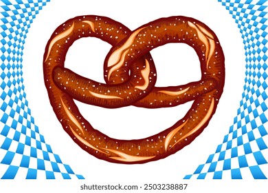 Brown Bavarian salted pretzel is a traditional German baked snack for the Oktoberfest beer festival. Heart shaped bretzel and Bavarian pattern with blue rhombuses. Realistic vector illustration.