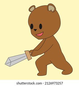 pose de acción del oso marrón sostiene diseño de mascota de ilustración de la espada