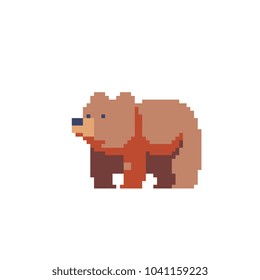 Brown Bear animal character. Pixel art icon. Sticker design. Isolated vector illustration. Video game 8-bit sprite.