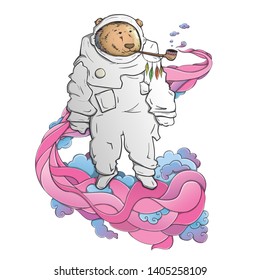 A brown bear in an astronaut costume flies in space on a pink smoke with a pipe of peace in his mouth. Creative Vector illustration art tattoo.