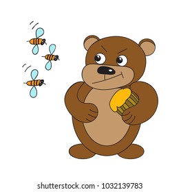 Brown bear with a barrel of honey and bees.