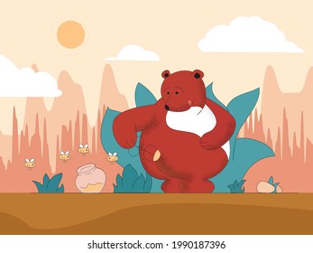 Brown bear with bees and a jar of honey injects himself with a syringe with honey, from behind the landscape trees the sun and clouds