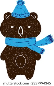 Brown bear in a blue hat and scarf. Vector element.