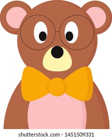 A brown bear with a bow and big glasses, vector, color drawing or illustration.