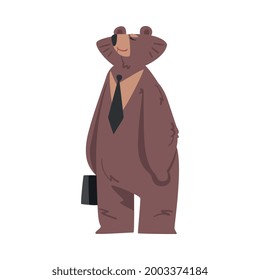 Brown Bear Businessman Standing with Briefcase, Humanized Animal Character in Tie Cartoon Vector Illustration