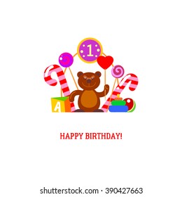 Brown bear and candies for first day of the birth of the baby. Sweet  greeetings vector card. Flat birth bear with love heart illustration. Romans and holiday text gift background. 