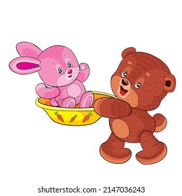 oso marrón lleva una liebre rosa en una cuenca, ilustración de dibujos animados, objeto aislado sobre un fondo blanco, vector, eps