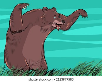 brown bear is a cartoon character, a funny predator. Dangerous animal. Pop Art Retro Vector Illustration 50s 60s Vintage kitsch style