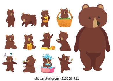 Brown brown bear cartoon vector set isolated on white background. Teddy in different poses and activities, sitting, dancing and lying.