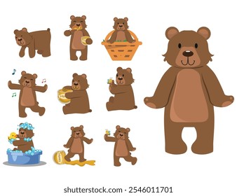 Brown brown bear cartoon vector set isolated on white background. Teddy in different poses and activities, sitting, dancing and lying.