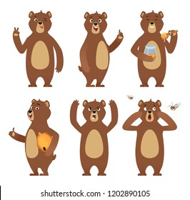 Brown bear cartoon. Wild animal standing at different poses nature characters vector collection. Illustration of brown bear happy, wild character animal