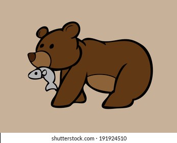 Brown bear catching fish in mouth