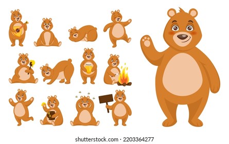 Brown bear character. Cute teddy. Animal actions and poses. Happy creature sleeping or dancing. Wild forest mammal eating honey. Funny plush baby pet. Vector cartoon grizzly activities set