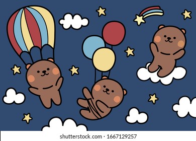 Brown bear character design. Cute bear cartoon hand drawn. Blue sky background with star rainbow and cloud. Vector. Illustartion.