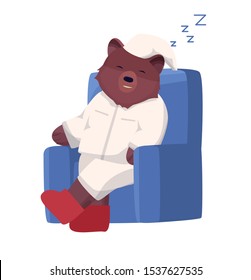 Brown bear character in pajamas sleeping or relaxing in a chair. Cartoon vector illustration in flat style.
