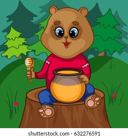 Brown Bear Character Sitting on a Tree Stump with Honey Pot, Cartoon, Hand Drawn, Vector Illustration EPS 10 