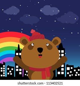 Brown bear in the city at night