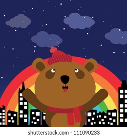 Brown bear in the city at night with rainbow