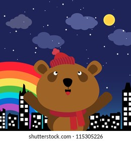 Brown bear in the city at night with rainbow