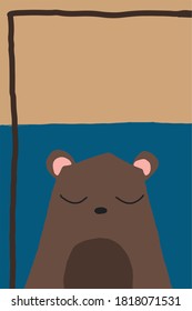 El oso pardo está cerrando los ojos. Dibujo de mano vectorial. Los colores de fondo son azul oscuro y marrón suave.