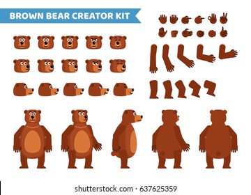 Brown bear creation set. Various gestures, emotions, diverse poses, views. Create your own pose, animation. Flat style vector illustration