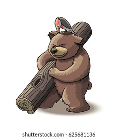 Brown bear cub carry wood from the forest