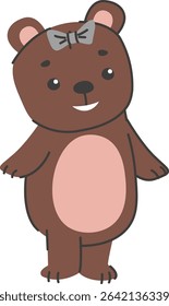 A brown bear cub is depicted in a simple, hand-drawn style with a gray bow.  The happy young animal stands cheerfully, showcasing a cute personality. Cartoon vector illustration