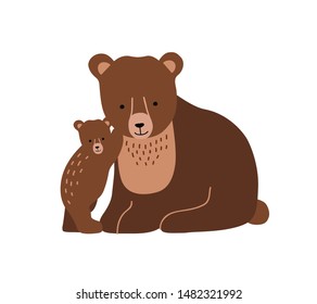 Brown bear and cub isolated on white background. Cute lovely family of wild forest carnivorous animals. Parent with youngling, mother and offspring. Flat cartoon colorful vector illustration.