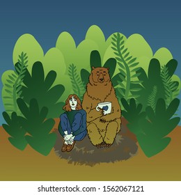 brown bear with a cup of tea and a girl in the forest