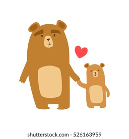 Brown Bear Dad Animal Parent And Its Baby Parenthood Themed Colorful Illustration With Cartoon Fauna Characters