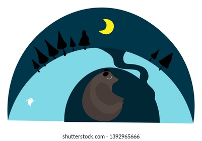  brown bear in a den over a blue background with shades of blue  centered yellow moon and few tall trees  vector  color drawing or illustration